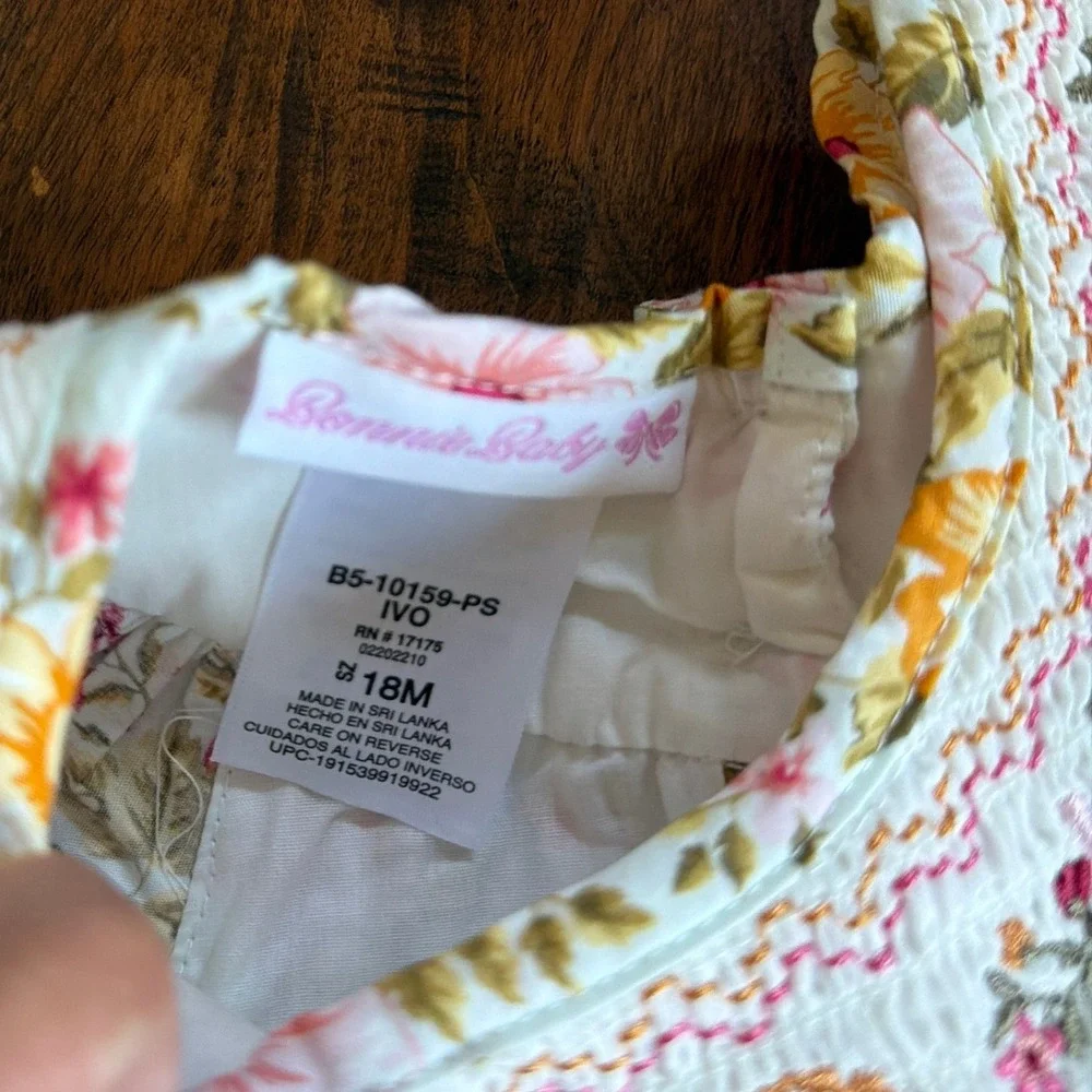 Bonnie Baby Floral Smocked Tiered Cotton Dress Ivory Pink 18 Months Embroidered